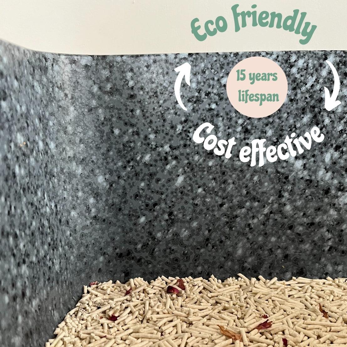 Durable Marbleloo cat litter box designed for eco-friendliness and cost-effectiveness with a 15-year lifespan.