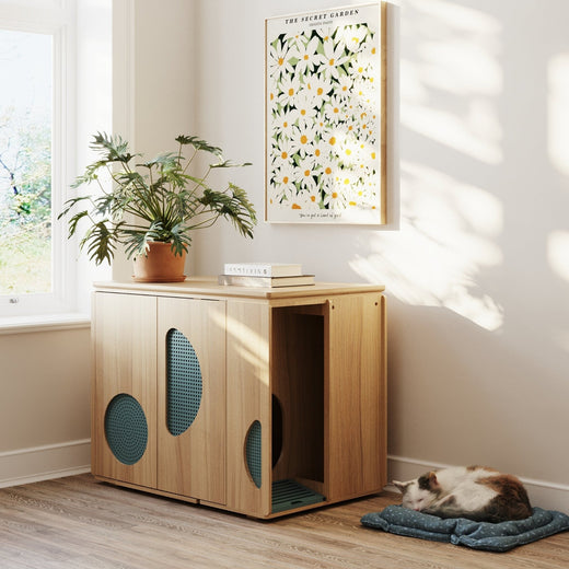 (Rosemary) Luxury cat litter cabinet with green decorative accents in a bright room setting, perfect for modern homes with cats.