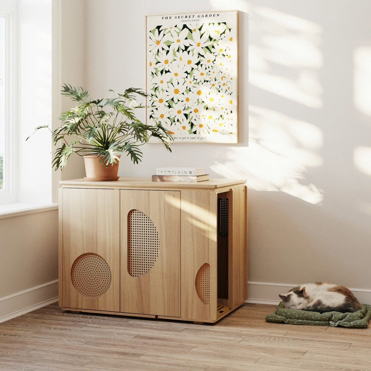 (Sand) Eco-friendly modern cat litter box & litter robot furniture styled in a cozy room setting, blending luxury functionality with chic home décor.